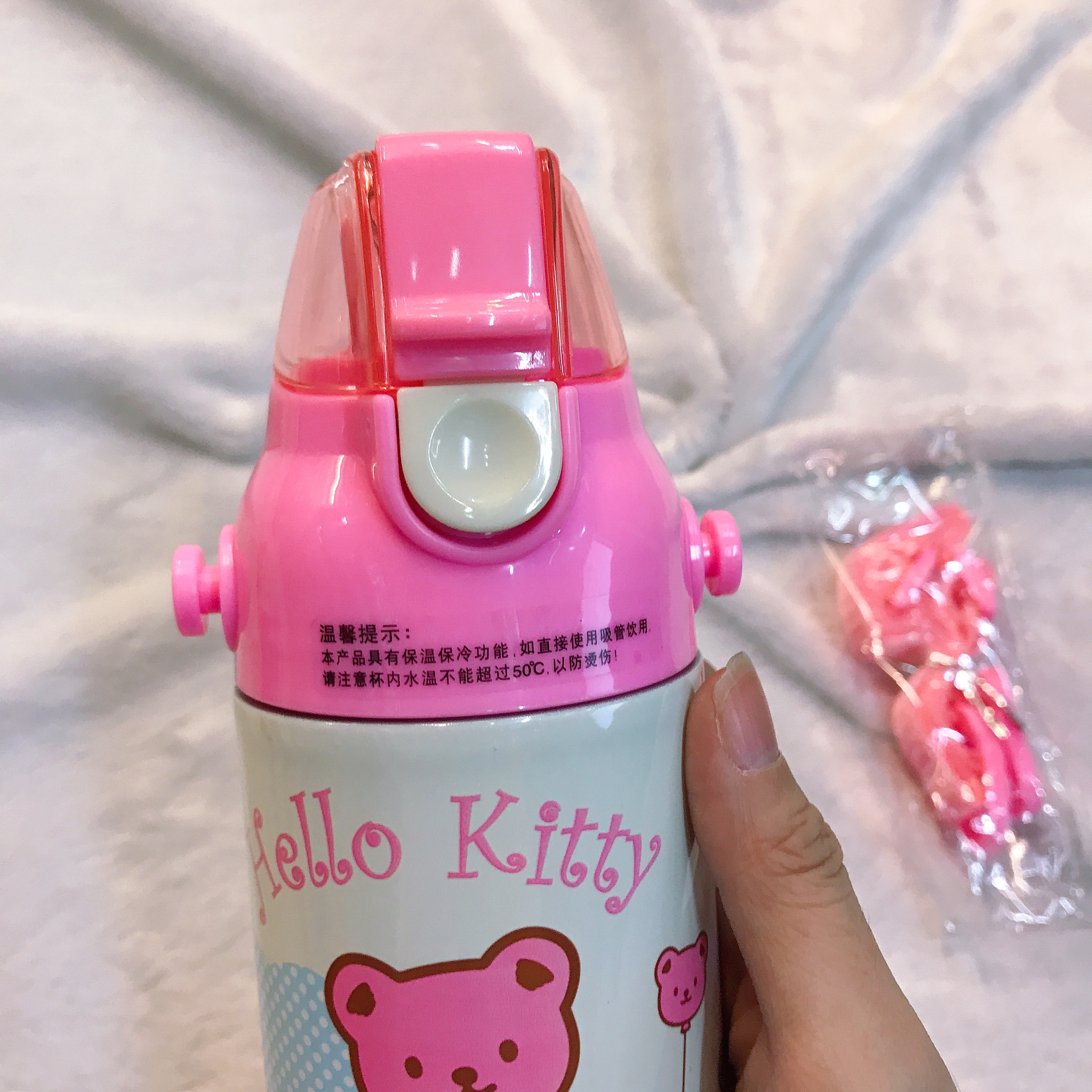 Bình nước giữ nhiệt hình mèo Kitty và gấu nắp trong suốt màu trắng hồng cho trẻ em, bé gái -  - KT3654TR