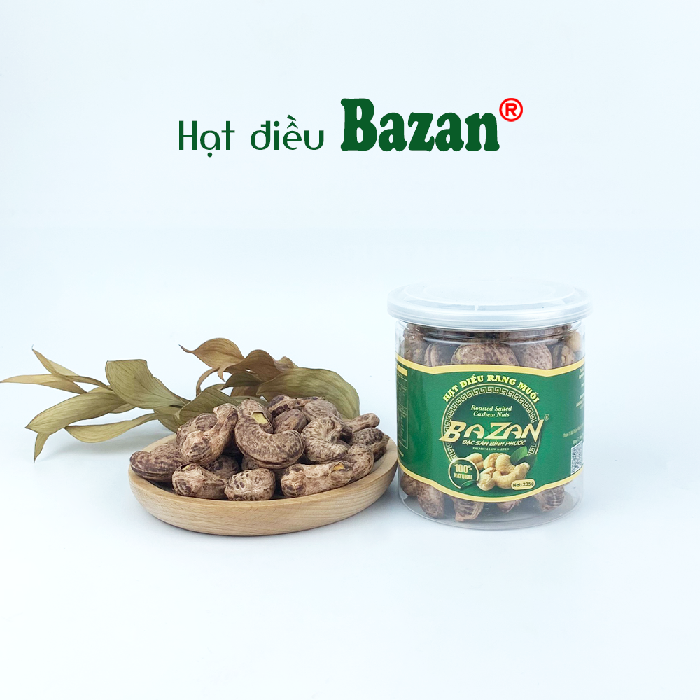 Hạt điều rang muối Bazan Bình Phước nguyên hạt dinh dưỡng A+ loại 1 hộp 235g nắp bật còn vỏ lụa