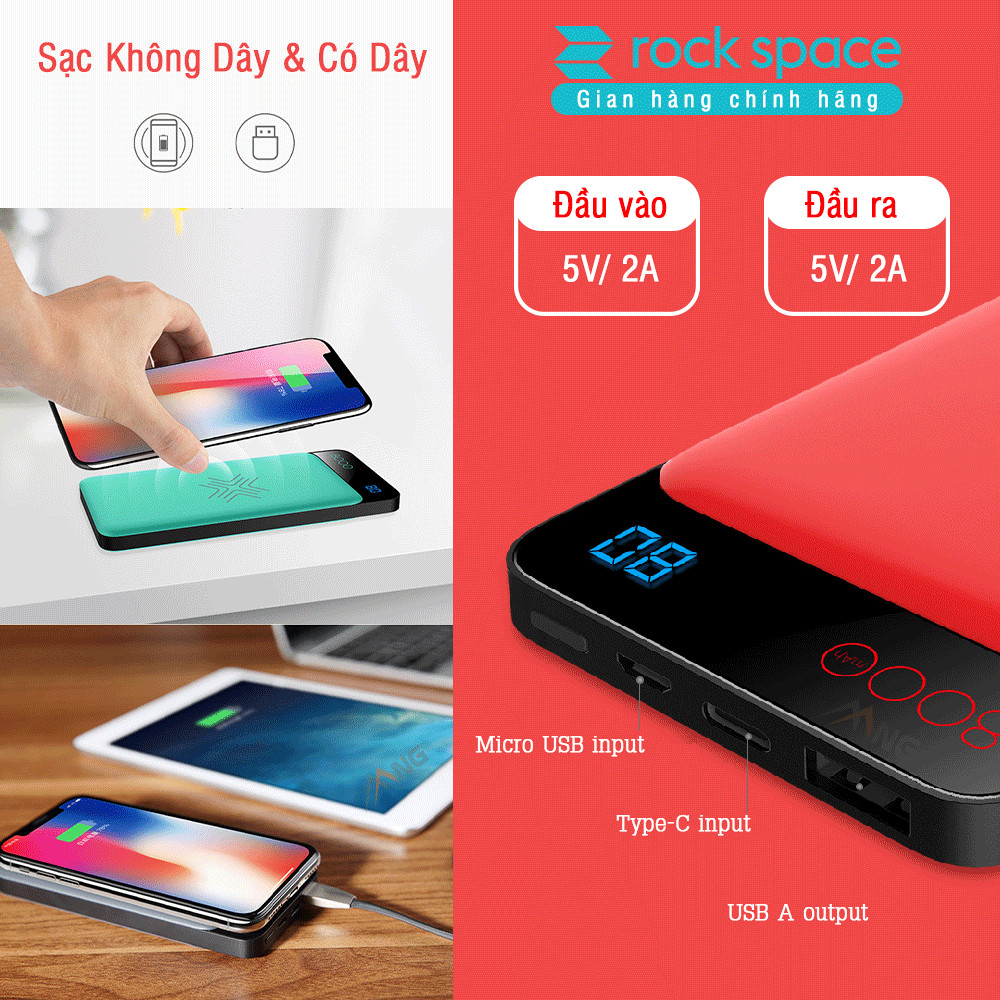 Pin dự phòng kiêm sạc không dây Rock space P39 8000 mAh, chất liệu nhựa chống cháy, hai màu : Đen ghi xám, đen xanh - Hàng chính hãng