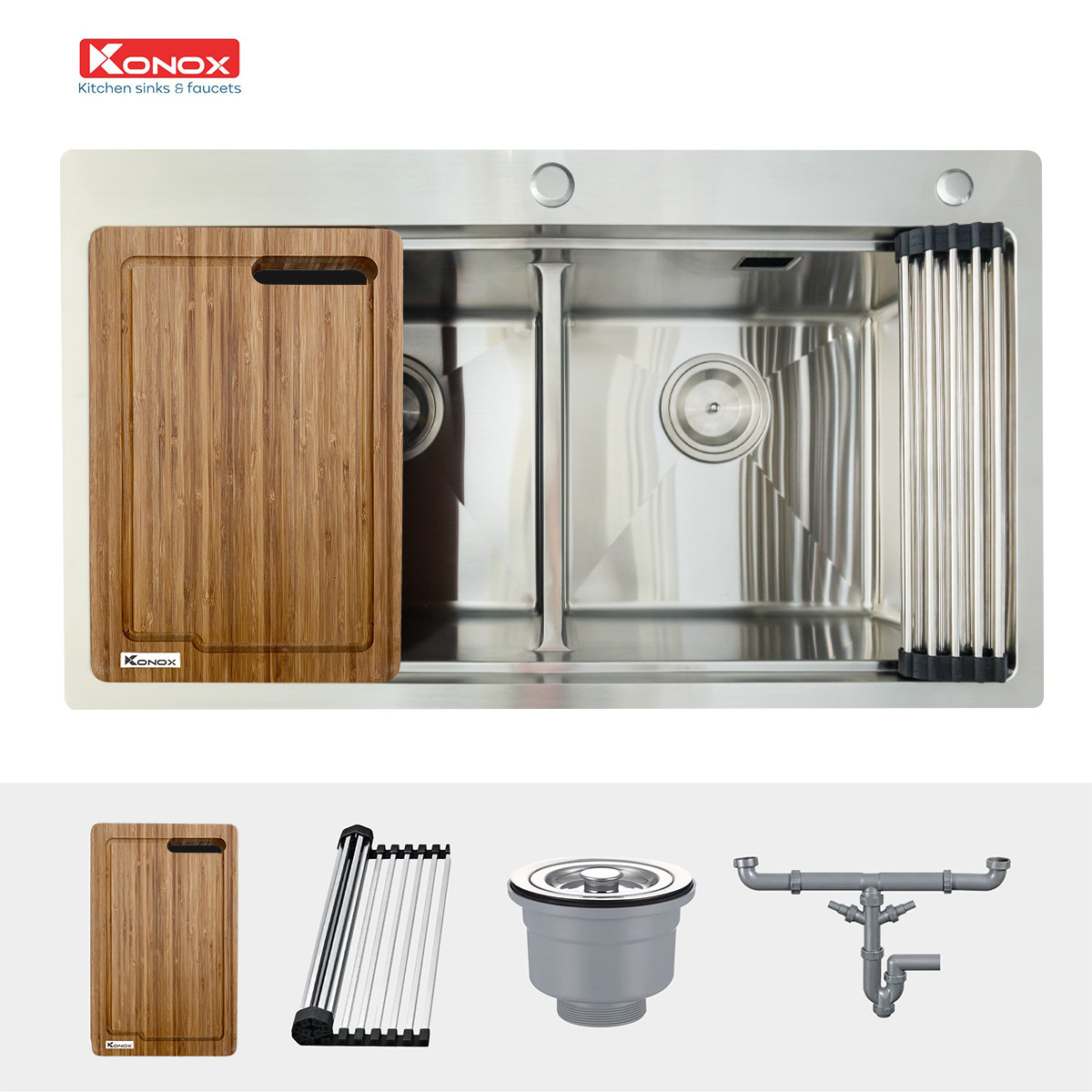 Chậu rửa bát Konox, Topmount Series, Model KN8850TD, Inox 304AISI tiêu chuẩn châu Âu, Hạ bậc tích hợp, 880x500x228(mm), Hàng chính hãng