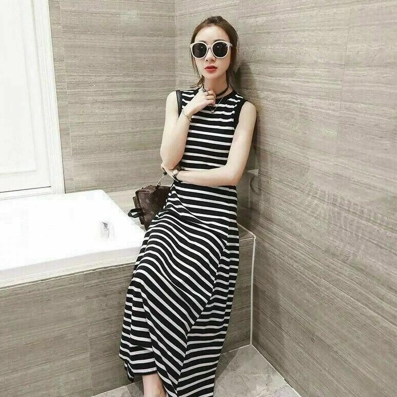 Đầm maxi 2 dây quyến rũ với nền kẻ ngang đen trắng basic  Lazadavn