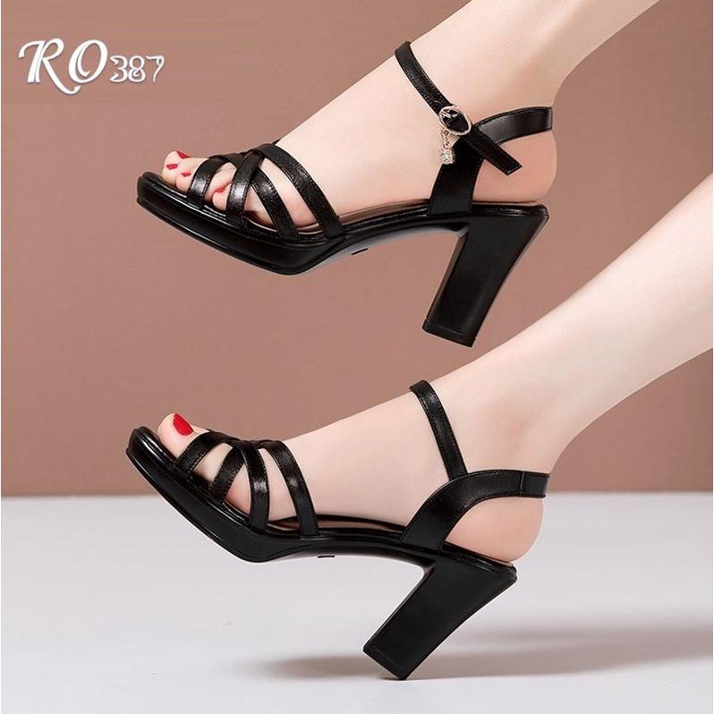 Sandal nữ quai mảnh chéo, da lì cao cấp ROSATA RO387 cao 8p - Đen - HÀNG VIỆT NAM - BKSTORE