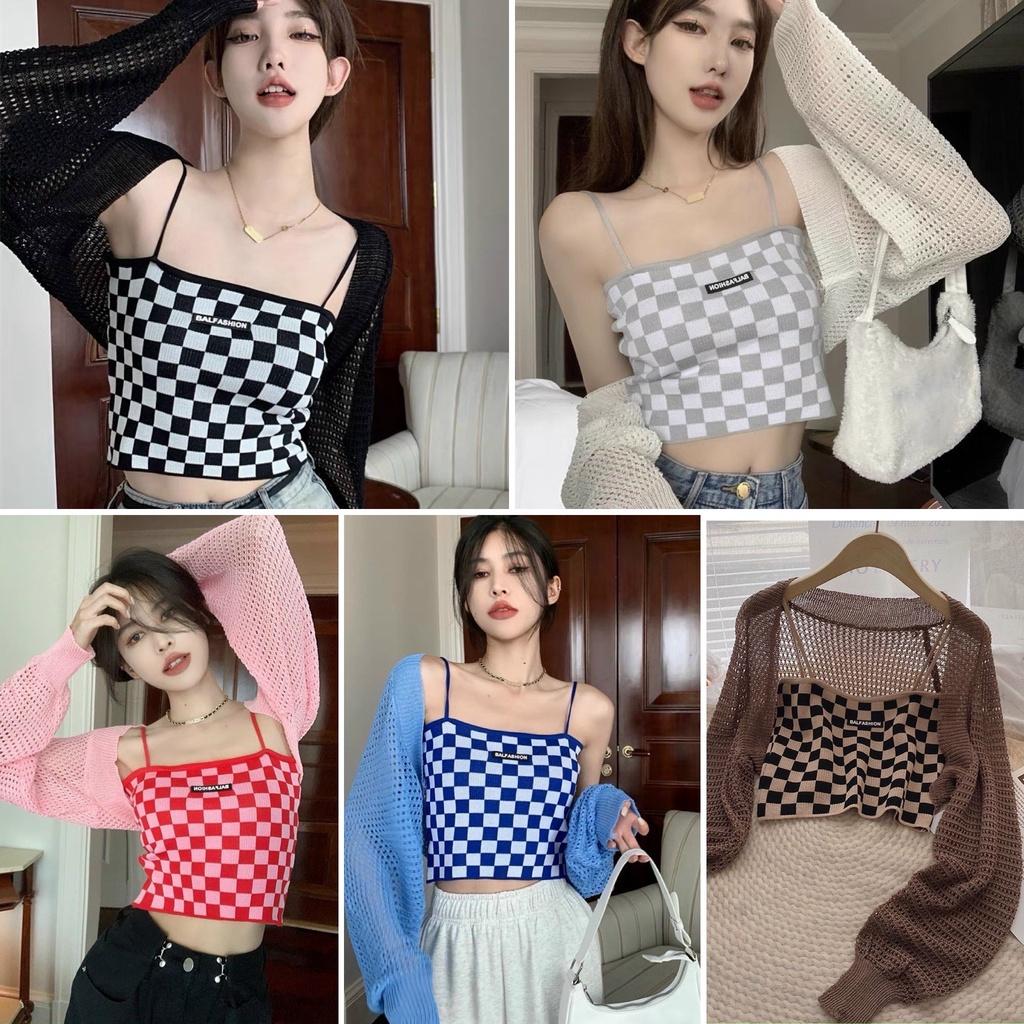 Set cardigan lưới áo 2 dây caro nhiều màu năng động