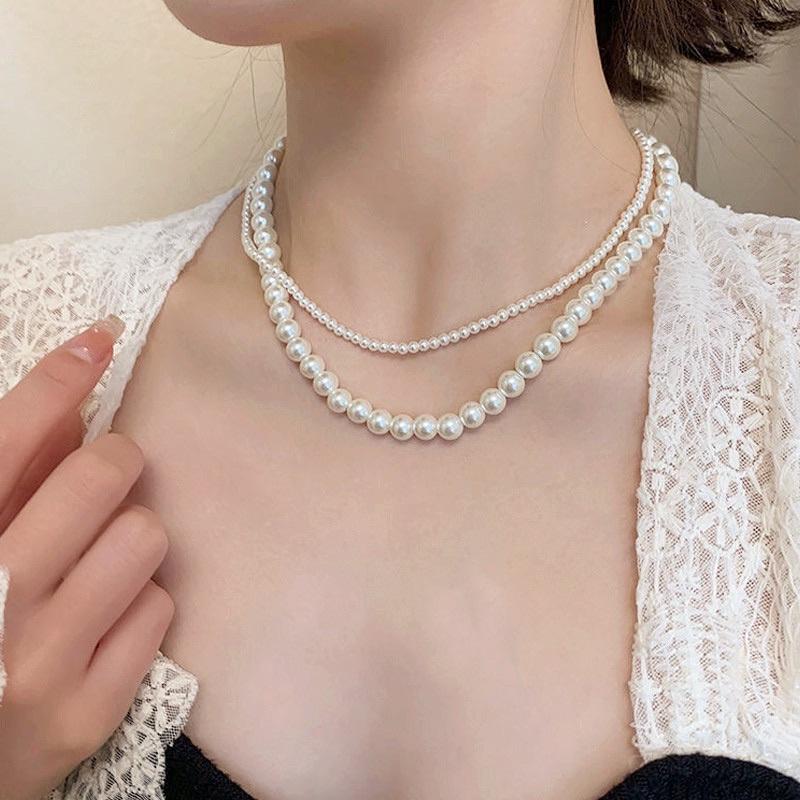 N398 vòng cổ hạt Trai, dây chuyền hạt bẹt dây chuyền mang áo dài choker 2 sợi ngắn cho nữ