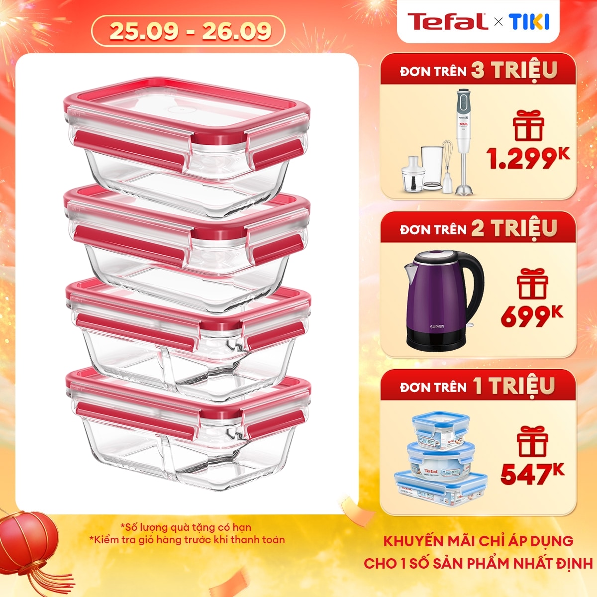 Bộ 4 hộp thủy tinh vuông Tefal Masterseal Glass 450ml x 2, 800ml x 2 - đỏ