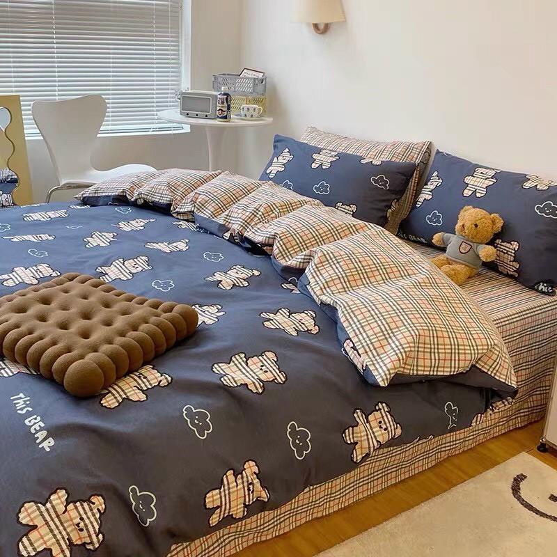 Bộ chăn ga Cotton Poly M2T bedding chăn ga Hàn Quốc gấu xanh bbr đủ size miễn phí bo chun