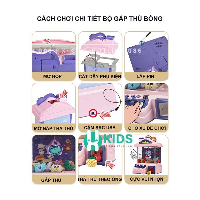 Máy gắp thú bông mini cho bé kích thước lớn kèm xu đếm thời gian, có nhạc có đèn, sẵn nhiều gấu bông cho trẻ em