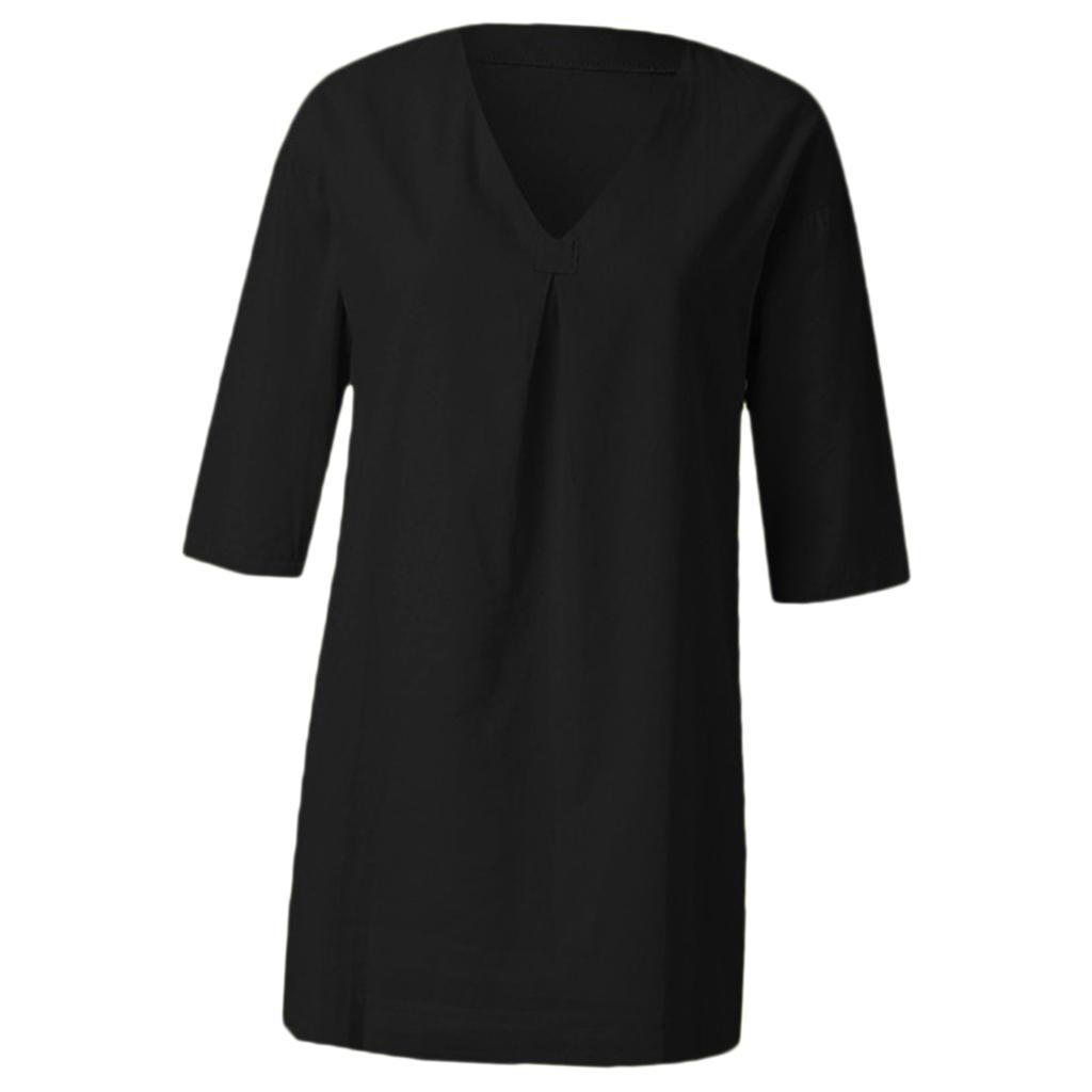 Blouse Loose Casual Neck V Shirt 3/4 Sleeves Top in Breathable Cotton Beach Cover Up Dress Beach