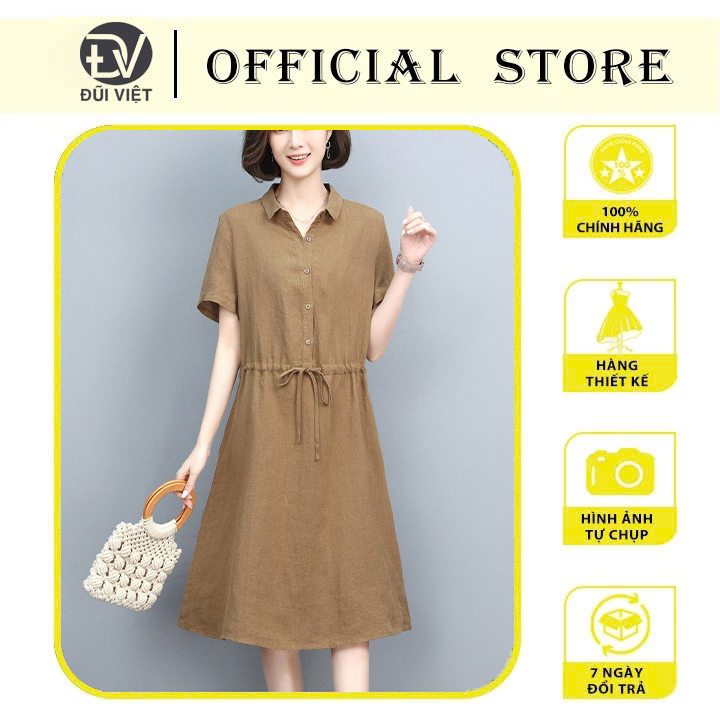 Váy sơ mi nữ dáng dài Đũi Việt thắt eo form suông vintage DV37