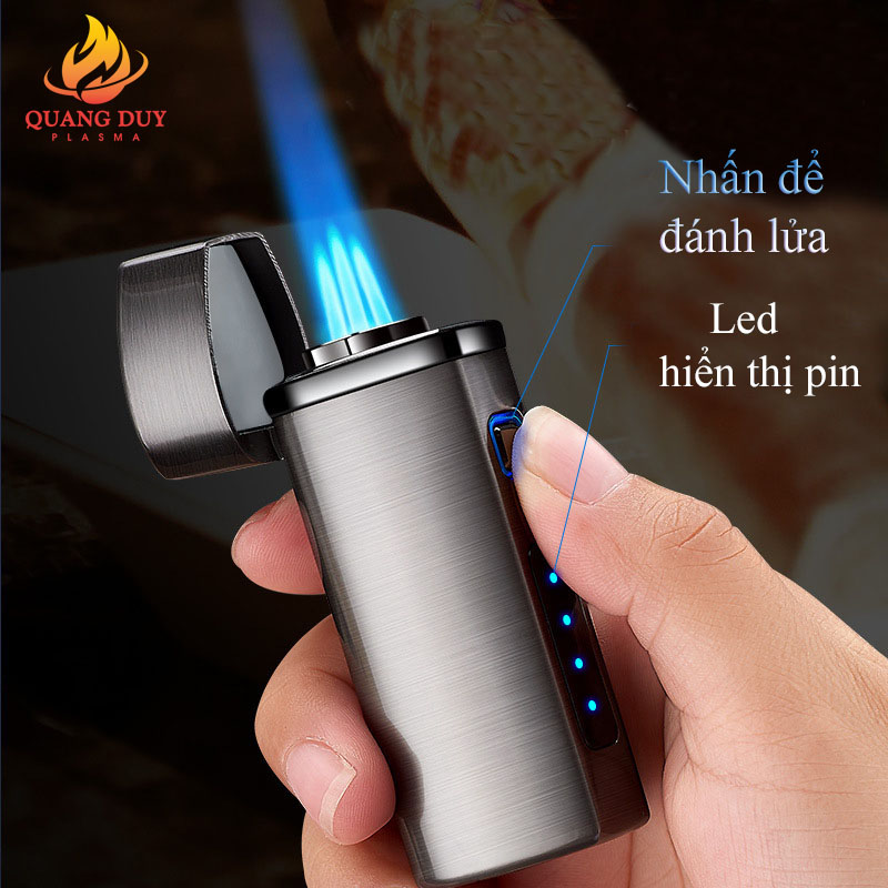 Bật lửa khò 3 tia công tắt điện đánh lửa sạc pin, bơm gas sử dụng độc đáo và tiện lợi