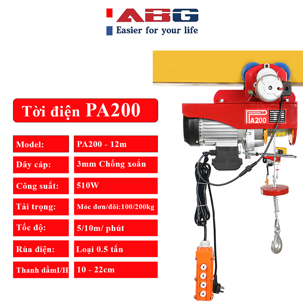 Bộ Tời Điện Kèm Rùa ABG PA200  12 Mét - Giúp Máy Tời Treo Nâng Hạ Vật Nặng Dễ Dàng Trong Nhà Xưởng Công Nghiệp Và Đời Sống, Nâng Kéo Linh Hoạt, Hiệu Quả Cao - Hàng Chính Hãng