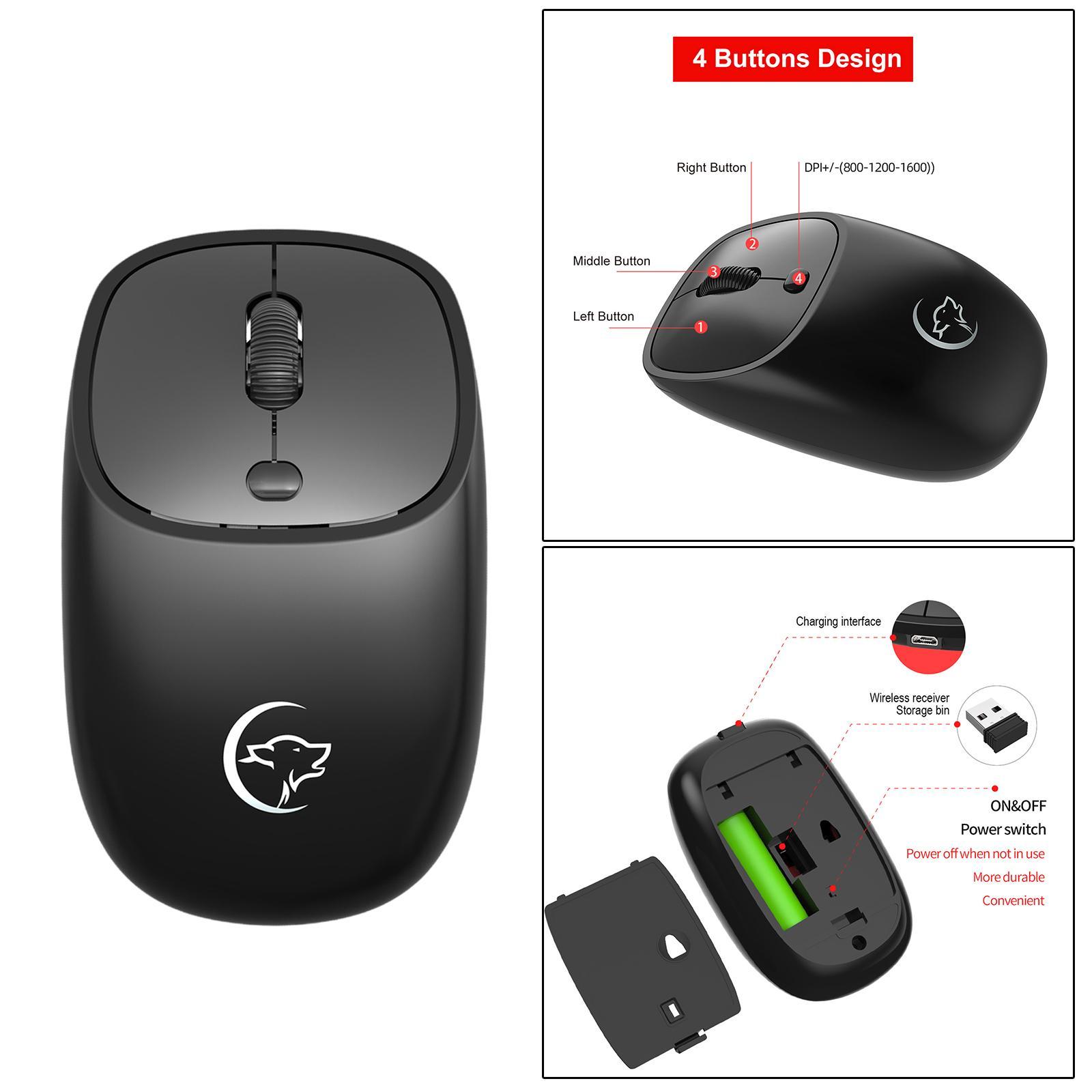 2.4G Wireless Mouse Rechargeable Mice w/USB Receiver 1200/1600/2400DPI Black