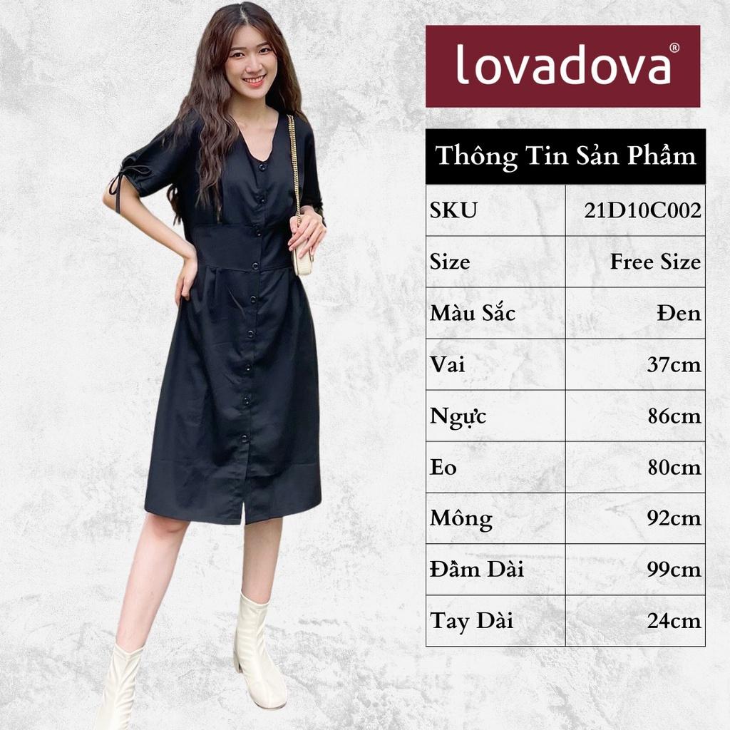 Đầm Dáng Ôm, Ngắn Tay, Cách Điệu Nhún Eo, Có Núc, Cổ Tay Thắt Nơ, Màu Đen - Lovadova 21D10C002