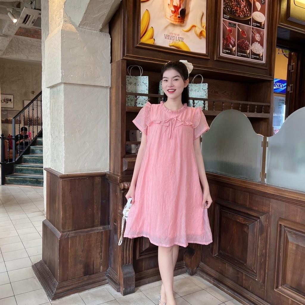 Đầm bầu tơ bèo quanh ngực đính nơ phom suông xinh xắn, đáng yêu - Xanh bơ