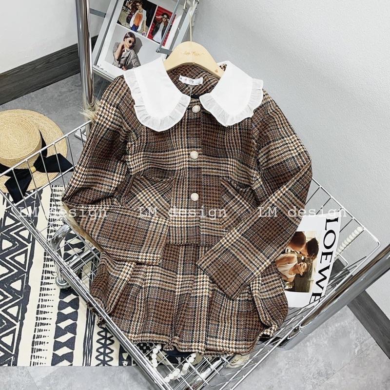 Set Dạ Kẻ Nâu Áo Dạ Mix Chân Váy Xếp Ly Có Ảnh Thật Kèm Video