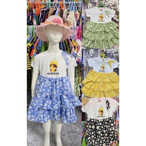 Đầm Bé Gái Hoa Size 18-22,5Kg, 4-6 Tuổi Kết Nơ Xếp Tầng, Váy In Hình Bé Dễ Thương