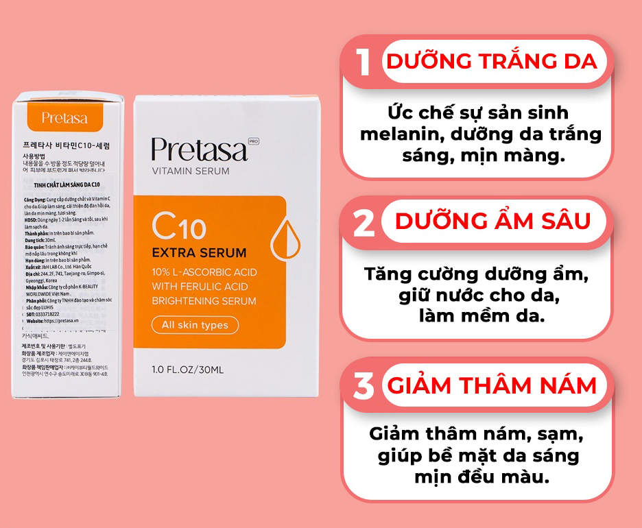 Serum sáng da mờ thâm Vitamin C PRETASA C10 Extra Serum - Hàng Chính Hãng