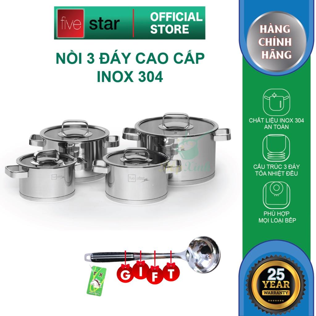 Bộ 4 nồi bếp từ 3 đáy inox 304 Plus quai vuông nắp kính - TẶNG 1 VÁ CANH