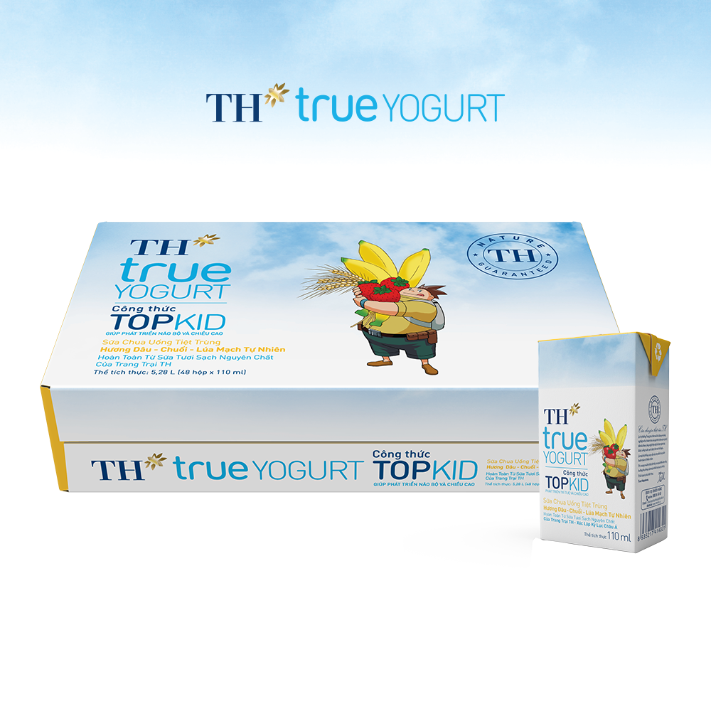 Thùng 48 hộp sữa chua uống tiệt trùng TOPKID hương dâu-chuối-lúa mạch tự nhiên TH True Yogurt 110ml (110ml x 48)