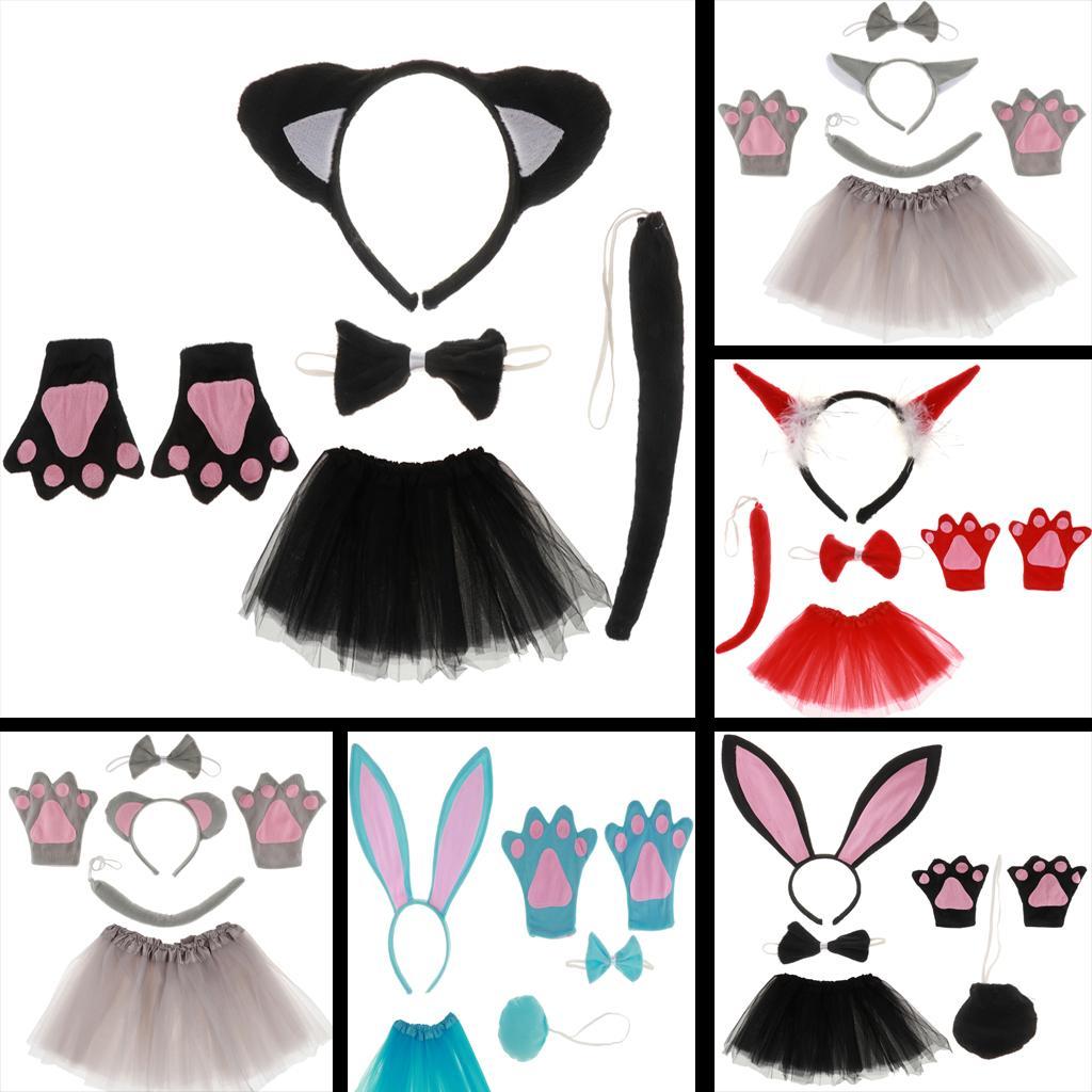Christmas Girls Kids Birthday Black Cat Costume Set Ear Headband TUTU Skirt Bowtie Gloves Tail Fancy Dress Outfit