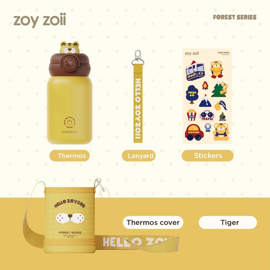 Bình nước giữ nhiệt cho bé Zoyzoii E8 có túi đựng Thermos cup, chất liệu inox 316 cao cấp, nắp chống rò nước an toàn, hình thú đáng yêu - Hàng chính hãng