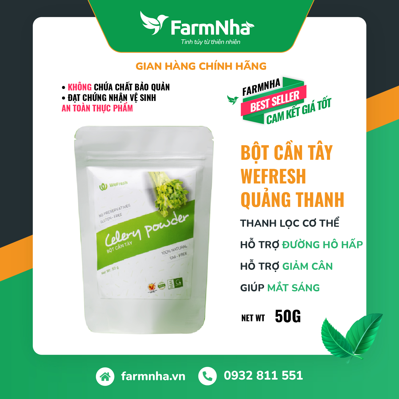Bột Cần Tây Quảng Thanh 100% Organic chuẩn xuất khẩu FDA Hoa Kì - Giảm các bệnh về hô hấp, thanh lọc cơ thể, làm đẹp da, detox