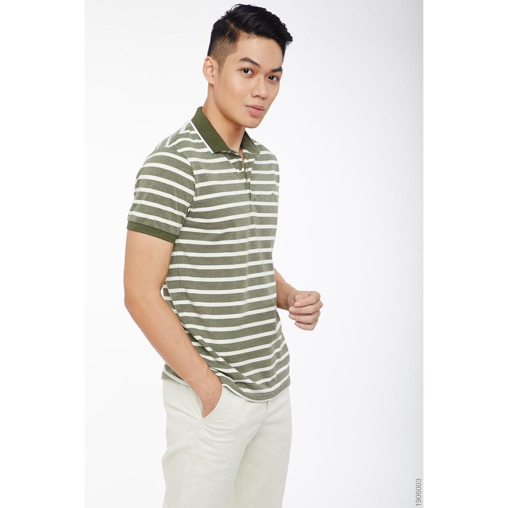 Áo Thun Polo Nam cổ bẻ Ninomaxx sọc xanh rêu 100% cotton mã 1906003