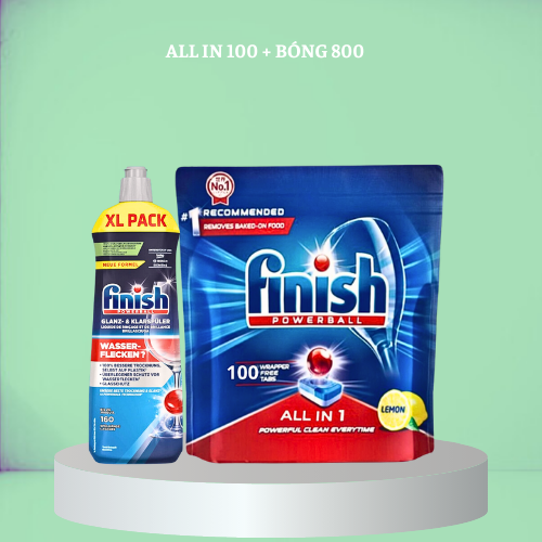 Combo Dầu làm bóng finish 800ml+Viên rửa bát Finish All in one 100v dùng cho Máy rửa bát