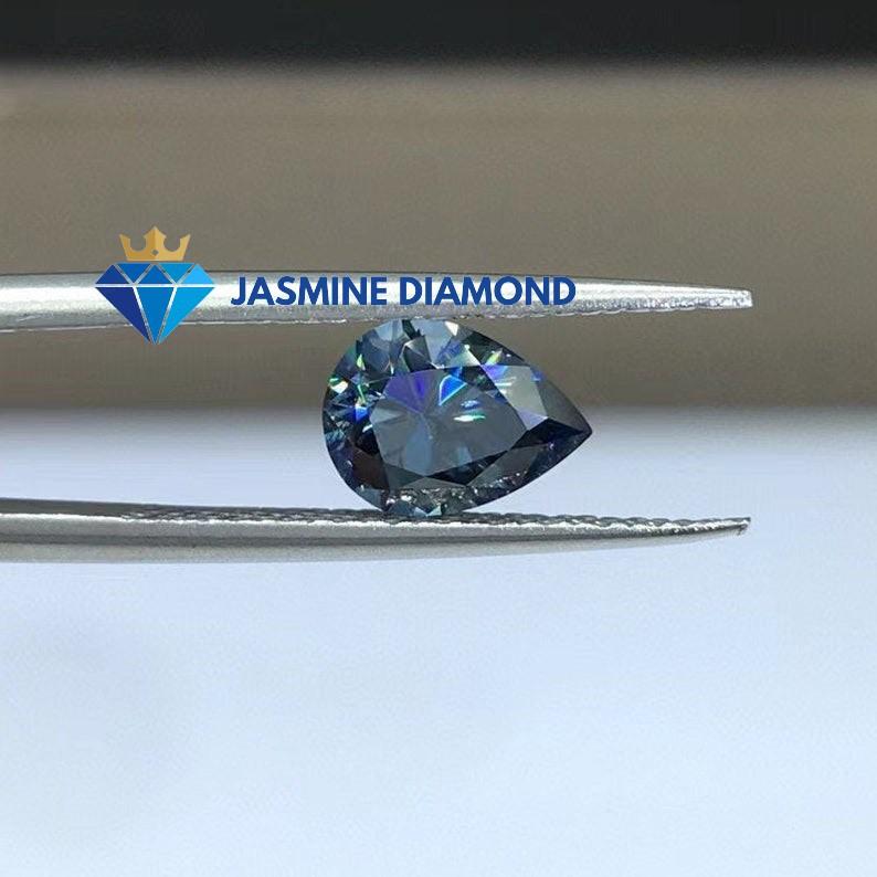 Kim cương nhân tạo Mỹ Moissanite giác cắt Pear màu xanh dương