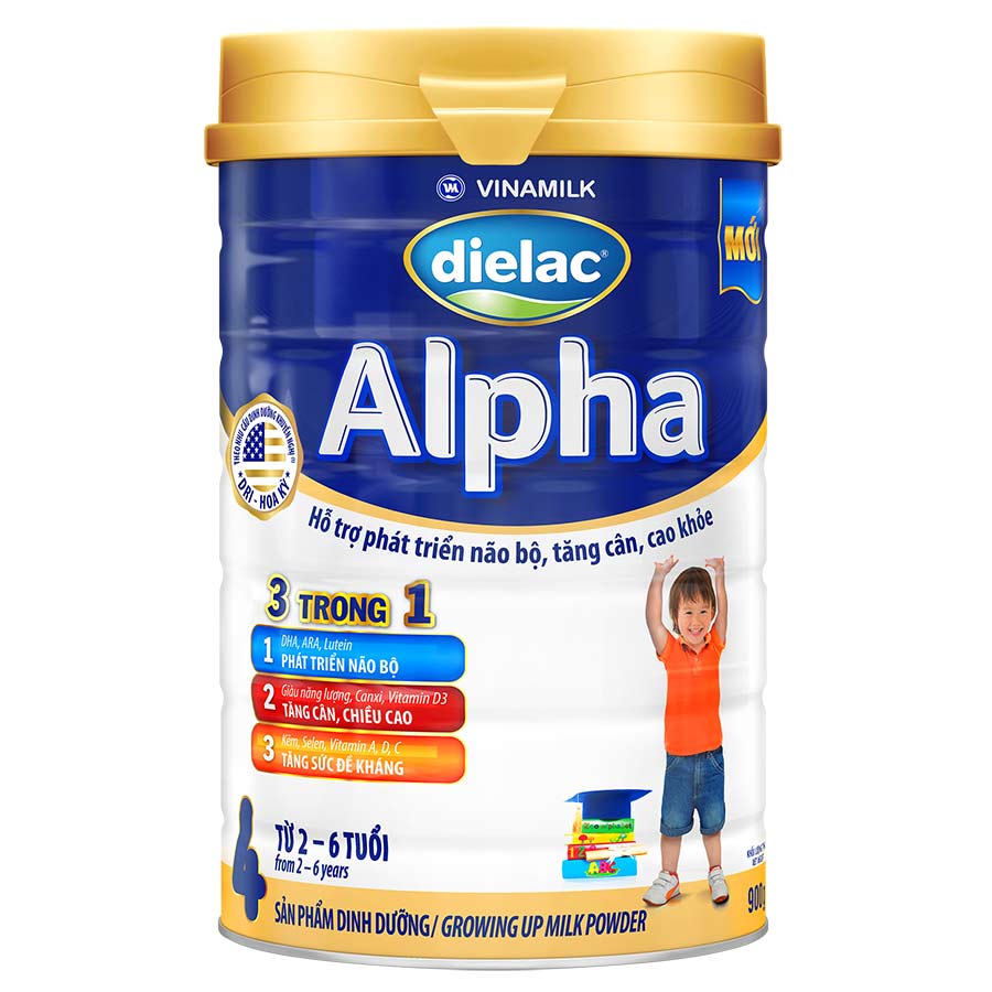 Sữa bột Vinamilk Dielac Alpha 4 - Hộp thiếc 900g (dành cho trẻ 2-6 tuổi)