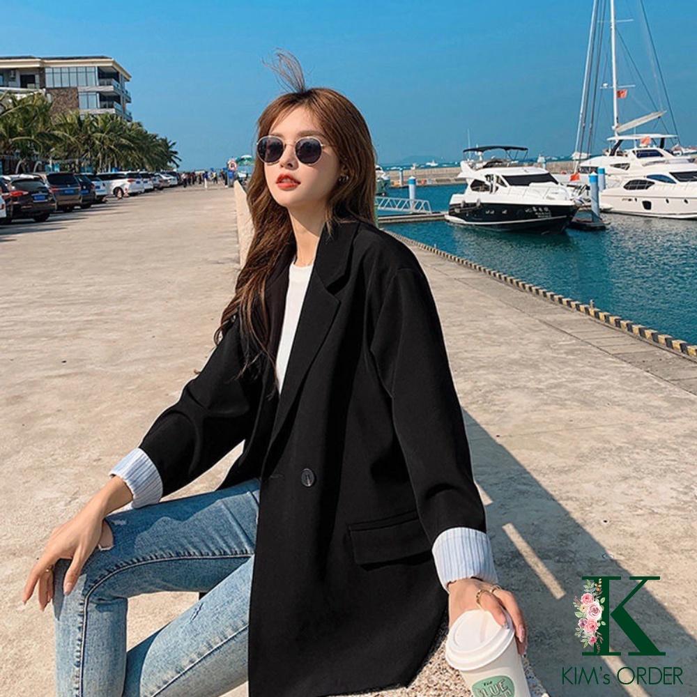 Áo blazer phong cách Ulzzang Hàn Quốc loại 1 màu be và đen dành cho nữ chất đẹp dáng vest dài tay phom rộng cá tính