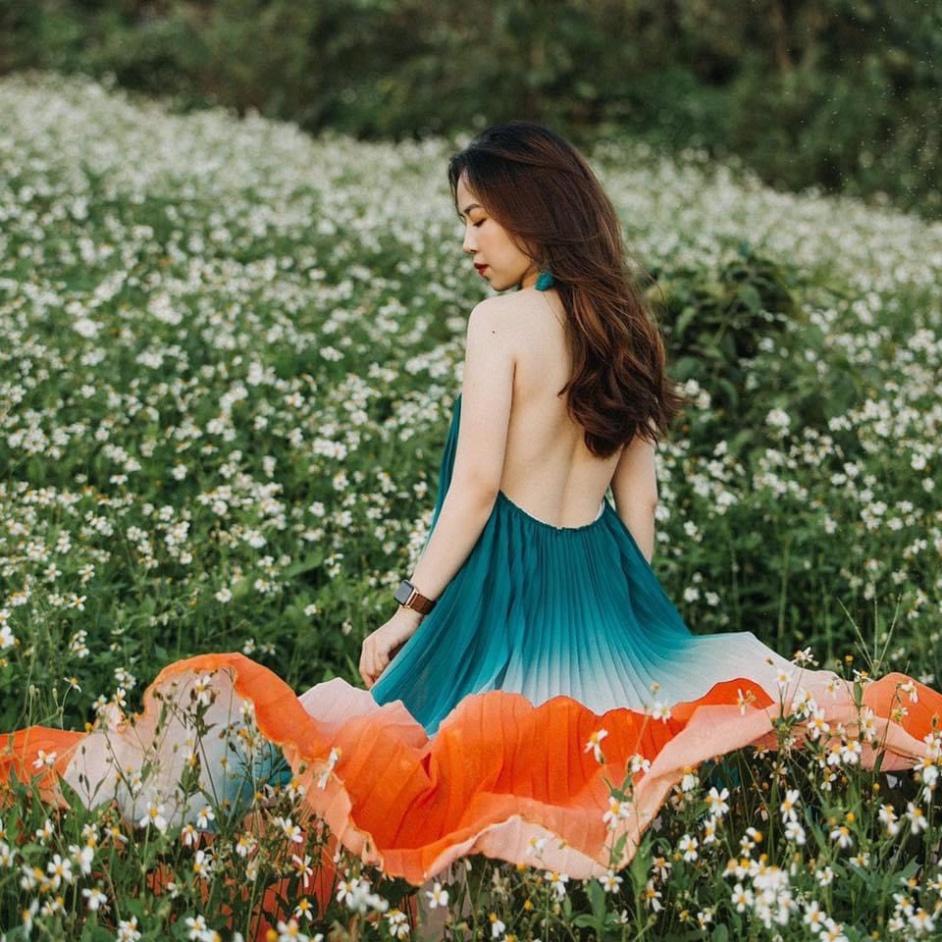 Đầm váy maxi loang màu xanh voan lót lụa mút ngực dập ly cam cổ yếm hở lưng Ivy fashion đi biển dự tiệc dạo phố bigsiz