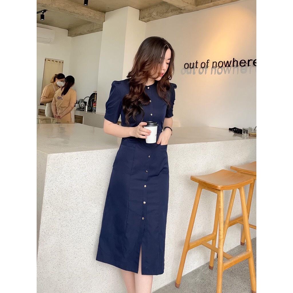 Đầm midi nữ dáng dài đính nút thời trang thanh lịch