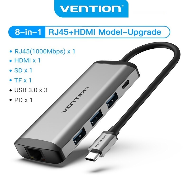 HUB USB Type-C Vention 8 in 1 - HDMI + LAN + USB 3.0*3 + SD + TF + PD - Hàng chính hãng