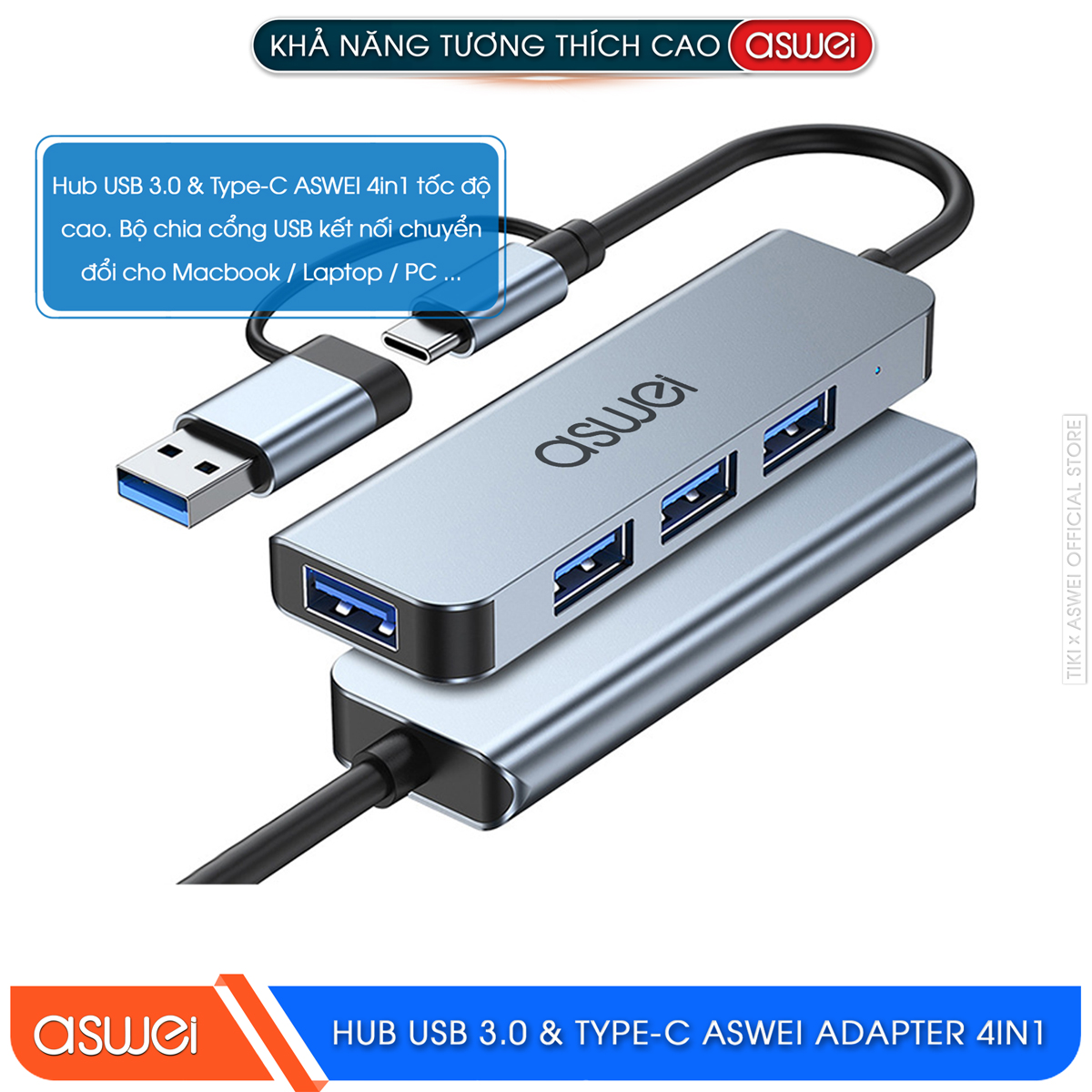 Hub USB 3.0 Và Hub Type C ASWEI 4 in 1 To 4 USB 3.0 - Hàng Chính Hãng