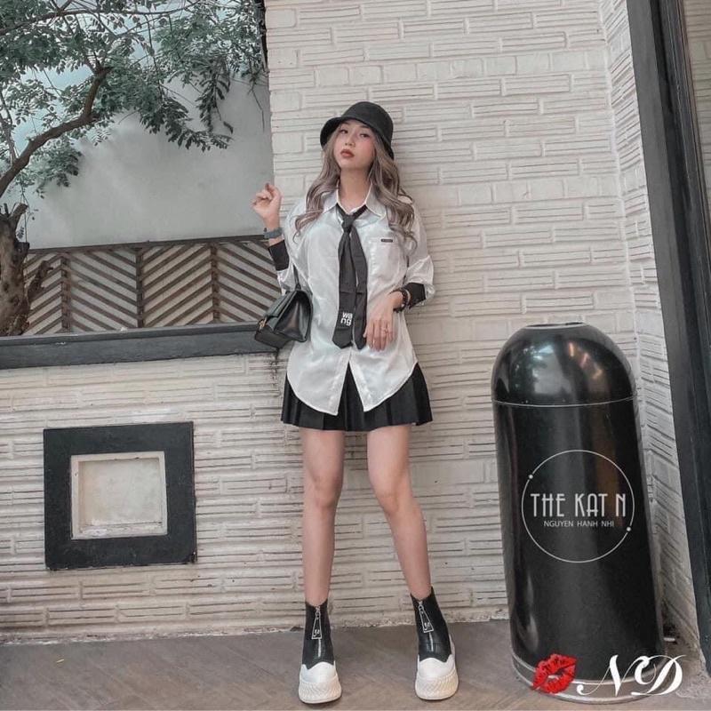Áo sơ mi kèm cà vạt áo nữ cổ đức dài tay chất thô mềm