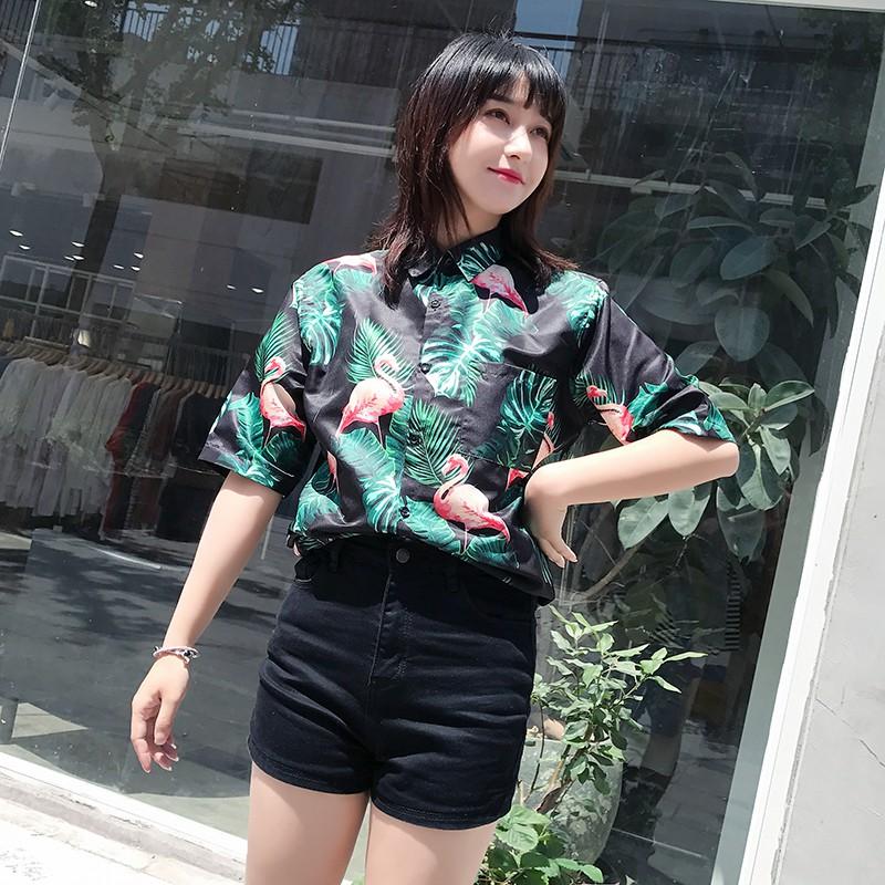 Áo sơ mi ngắn tay in họa tiết chim hồng hạc dễ thương dành cho nữ