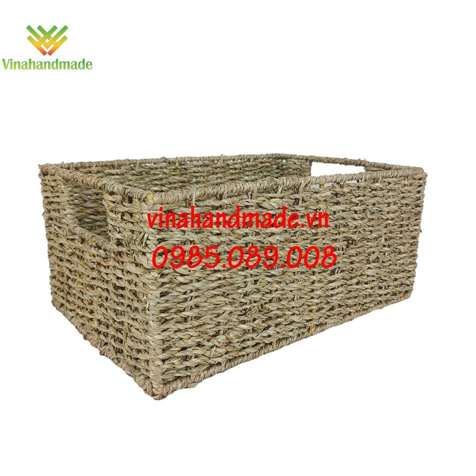 Bộ 3 giỏ cói khung sắt đựng đồ chữ nhật đan trơn VINAHANDMADE 31VNHM001