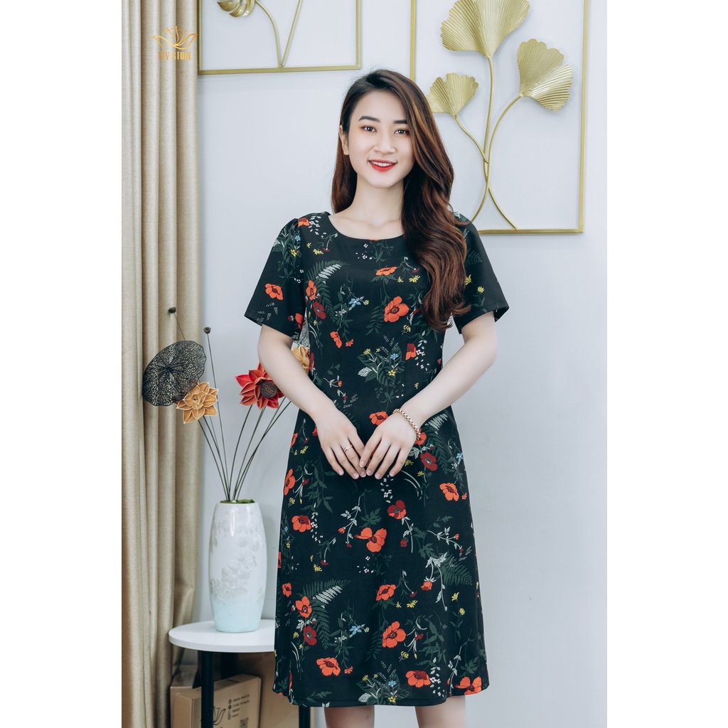 Đầm suông thiết kế trung niên sang trọng Cổ tròn tay ngắn màu Đen họa tiết hoa TTV STORE TTV1252