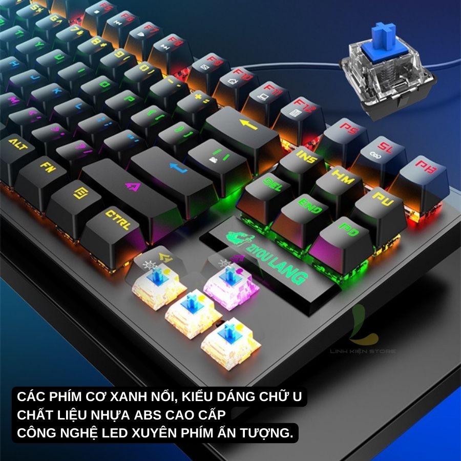 Bàn phím cơ máy tính ZIYOULANG K2 - Bàn phím gaming công thái học cơ blue switch 87 phím Led RGB chế độ đổi màu đẹp - Hàng nhập khẩu