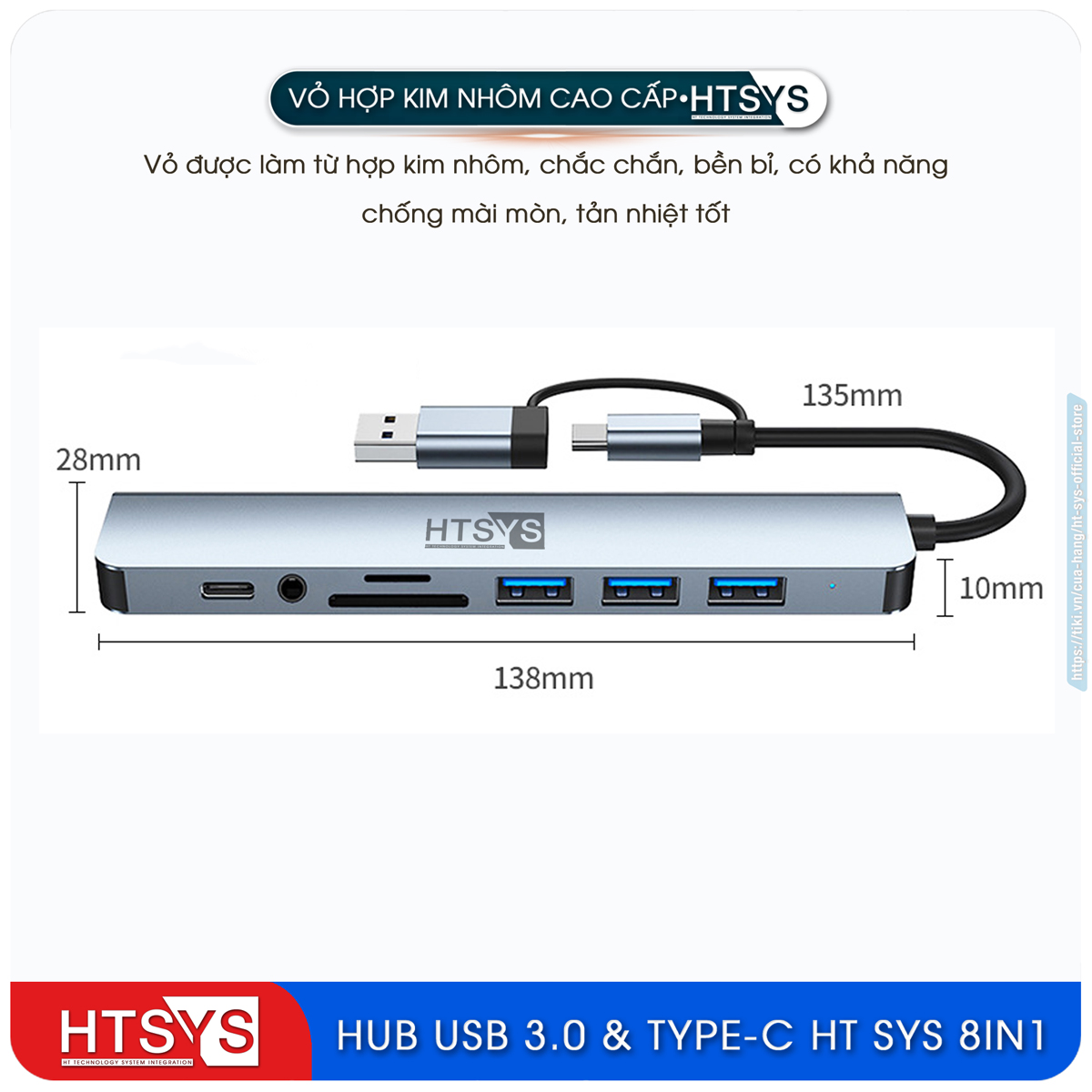 Hub Chuyển Đổi USB Type C HT SYS 8 in 1 To USB 3.0, SD, TF, USB C, Audio 3.5 - Hàng Chính Hãng
