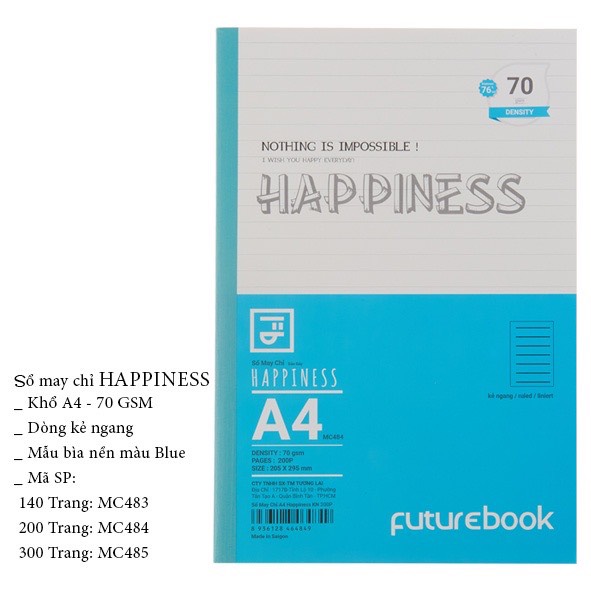 Sổ May Chỉ Dán Gáy Happiness A4- Kẻ Ngang- 70GSM- Phong cách Nhật Bản. VPP FUTUREBOOK. Giao mẫu ngẫu nhiên.