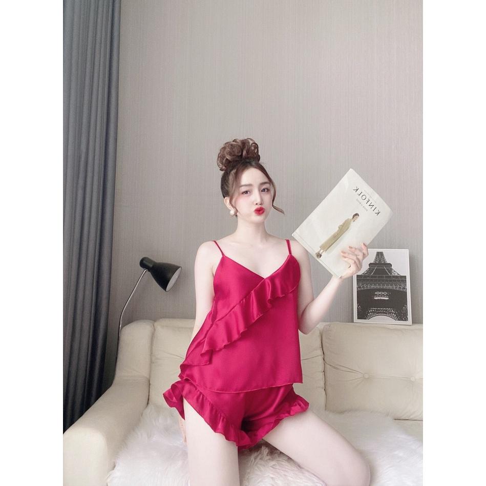 Sét đồ ngủ 2 dây quần đùi bèo chéo tà lụa satin dễ thương, đồ bộ cao cấp