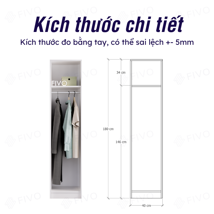 Tủ Đựng Quần Áo Gỗ Màu Trắng MDF Lõi Xanh Chống Ẩm Dày 17mm FIVO FC01 Cửa Mở Thiết Kế Nhiều Ngăn Dễ Dàng Lắp Ráp