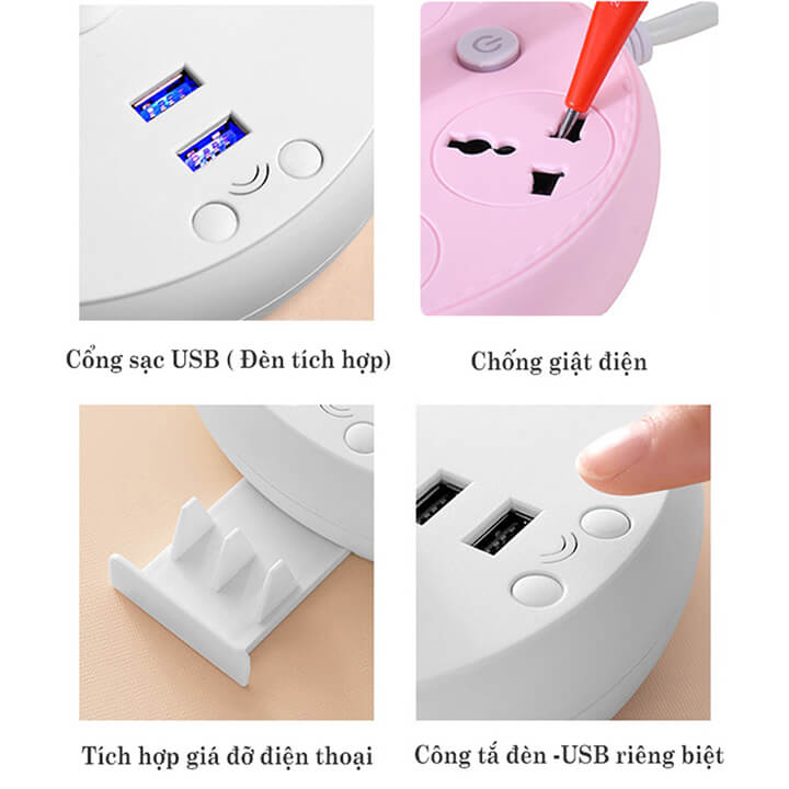 Đèn ngủ để bàn đa năng kiêm ổ cắm điện thông minh có 2 cổng sạc nhanh USB, 4 ổ cắm điện chống giật chịu tải 2500W, Tặng kèm điều khiển từ xa