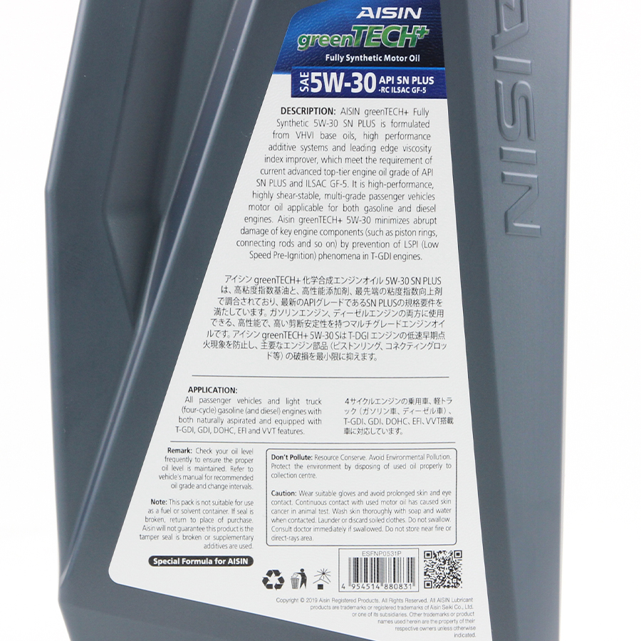 Nhớt Động Cơ AISIN ESFN0531P 5W-30 SN Plus Greentech+ Fully Synthetic 1L