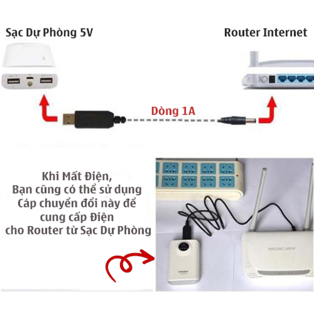 Cáp Chuyển Đổi Nguồn Điện Áp Từ 5V Sang 9V hoặc 12V Cho Modem, Router, Cục Phát Wifi Giúp Cúp Mất Điện Vẫn Sử Dụng Wifi, Internet - Hàng Chính Hãng