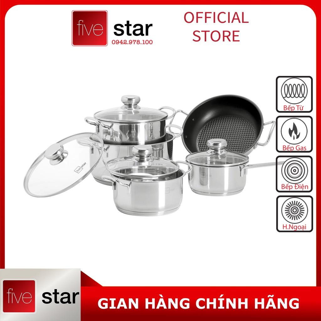 Bộ Nồi 5 Đáy Cao Cấp Bếp Từ Fivestar FSB55D001 Nắp Kính Inox 430 , tặng 1 vá canh