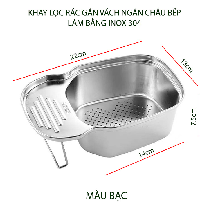 Khay lọc rác thông minh, để đồ củ quả ráo nước, gác vách ngăn chậu rửa bát đôi, làm bằng inox 304 (I304P3)