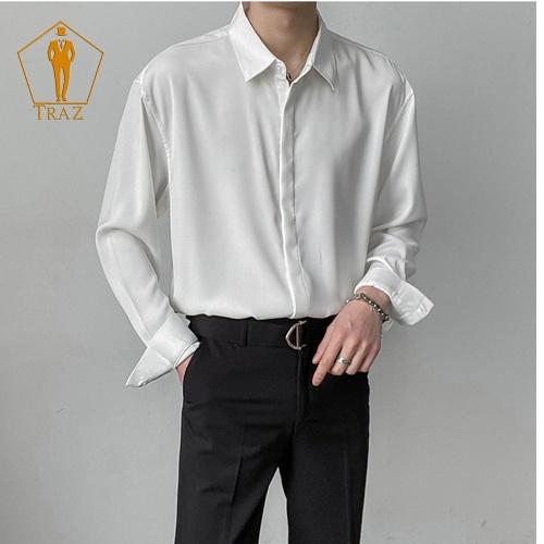 Hình ảnh Áo Sơ Mi Nam Nữ Dài Tay Màu Trắng, đen Lụa Unisex Basic Form Rộng Suông Học Sinh Mịn Mát